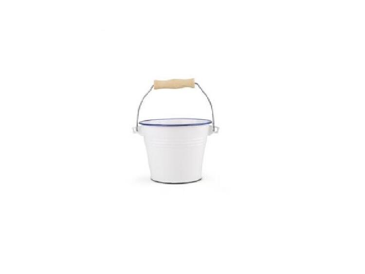 SECCHIELLO IN ACCIAIO SMALTATO BIANCO BORDATO BLU CON MANICO 14 CM 1,4 L
