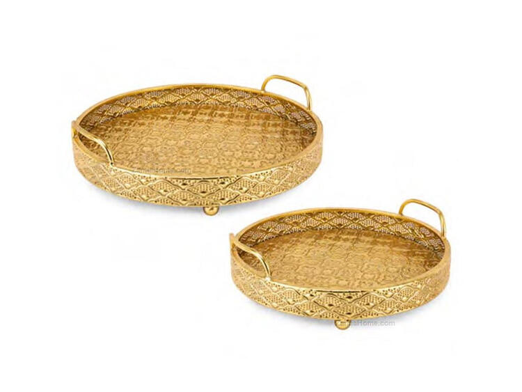 SARA SET 2 VASSOI ROTONDI METALLO ORO CM 45 CM 38